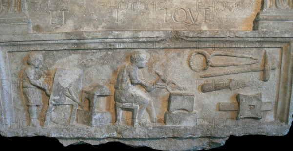 Funeral stele depicting a blacksmith's forge, 1st century. Creator: Classical Antiquities.