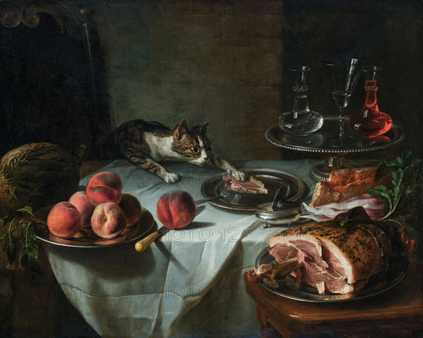 Still Life of the Remnants of a Meal with a Lunging Cat, c1725-1730. Creator: Desportes, Alexandre François (1661-1743).