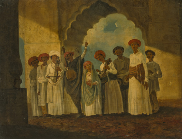 A group of musicians playing Sarangi, a Tambura and Tablas. Creator: Hodges, William (1744-1797).