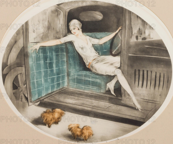 Woman in a Car with Two Pekinese, c1929. Creator: Icart, Louis Justin Laurent (1888-1950).