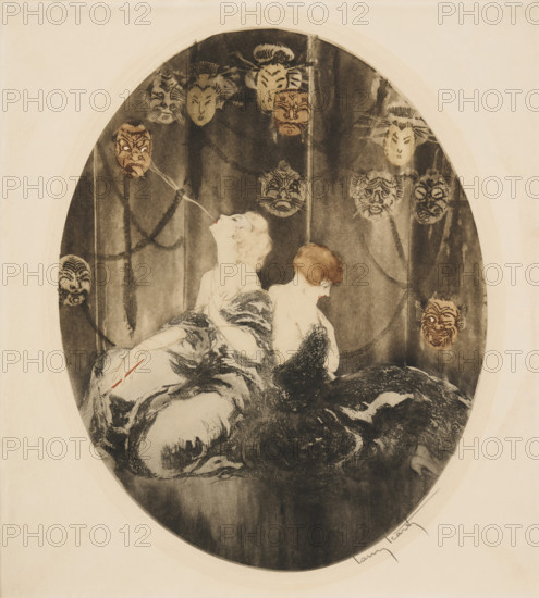 The Masks, 1926. Creator: Icart, Louis Justin Laurent (1888-1950).