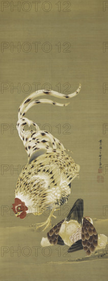 Rooster, Hen and Chickens, 1789. Creator: Jakuchu, Ito (1716-1800).