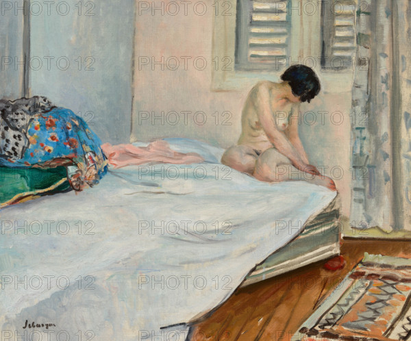 Nude sitting at the foot of the bed, Le Cannet, 1929. Creator: Lebasque, Henri (1865-1937).