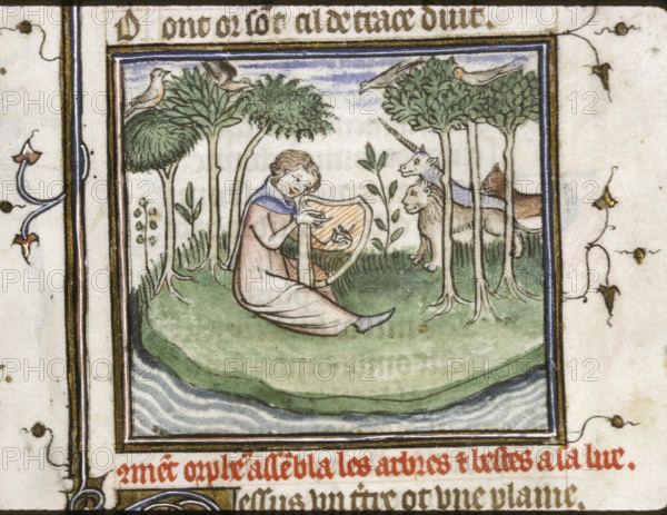 Orpheus enchants trees and animals with his harp playing, 1380s. Creator: Maître du Policratique de Charles V (active 1366-1403).
