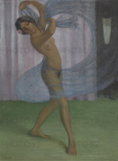 Dancer with veil, watched by a man, c1903. Creator: Mueller, Otto (1874-1930).