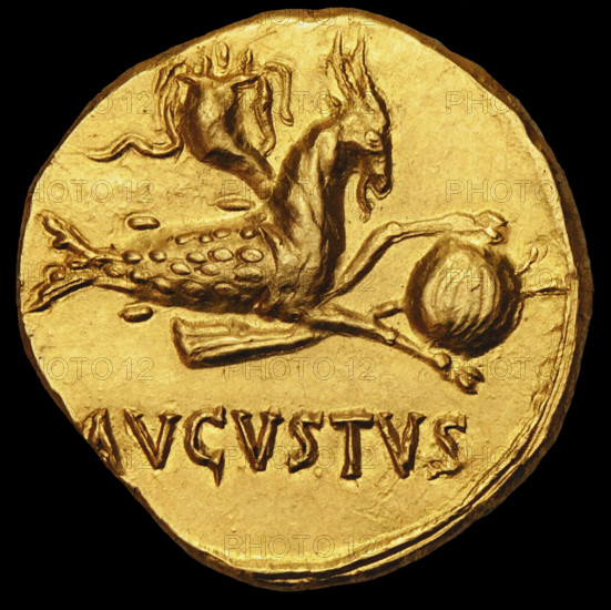 Aureus of Emperor Augustus. Reverse: Capricorn Holding a Globe, c18-17 BC. Creator: Numismatic, Ancient Coins .