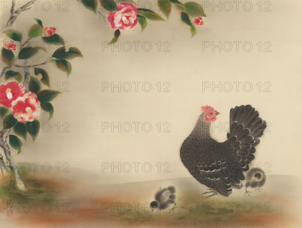 Camellias and chicks. Creator: Omoda, Seiju (1891-1933).