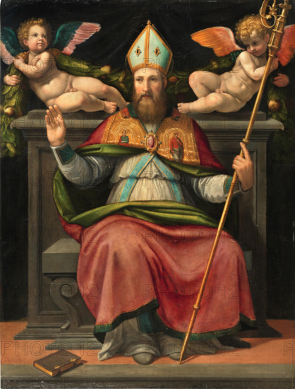 Saint Zenobius enthroned with two cherubs, Mid of 16th cen.. Creator: Portelli, Carlo (ca 1508-1574).