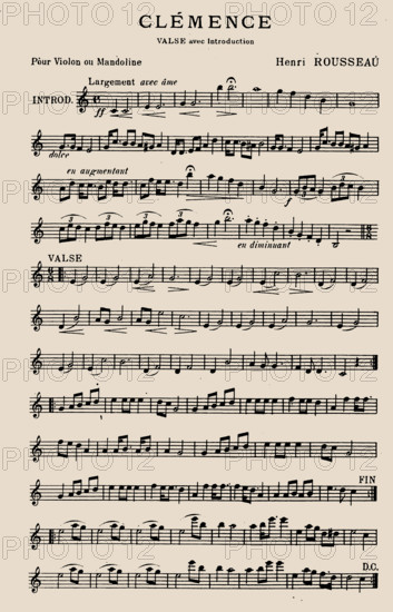 Sheet music of "Clémence", valse for violin and mandolin by Henri Rousseau, 1904. Creator: Rousseau, Henri Julien Félix (1844-1910).