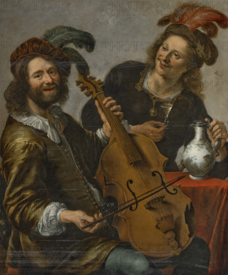 Viola da gamba player being offered a glass of wine by a young man. Creator: Stangerus, Cornelis (1616-1667).