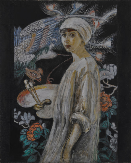 Self-Portrait with Paradise Birds (Self-Portrait in Front of Chinese Screen). Creator: Stettheimer, Florine (1871-1944).