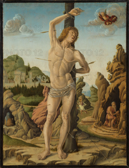 Saint Sebastian in a Rocky Landscape with Saints Jerome, Anthony Abbot and Christopher, 1475-1478. Creator: Zoppo, Marco (1433-1478).