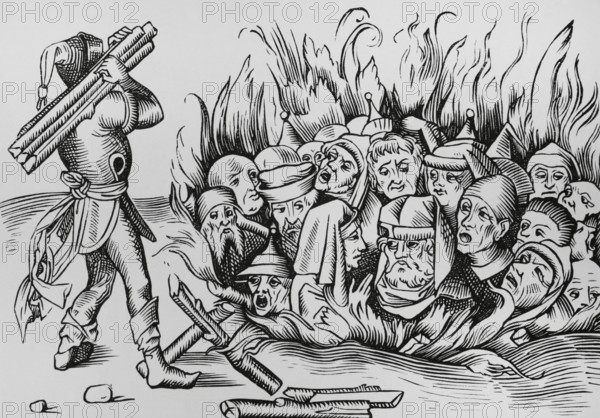 The Jews of Cologne burnt alive on the night of 23-24 August 1349, (1493), (1878).  Creator: Unknown.