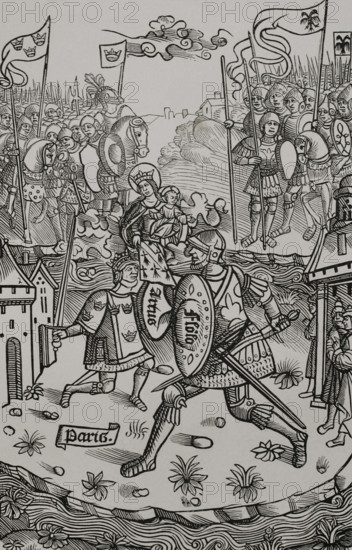 King Arthur fighting the giant, under the protection of the Virgin. 1514, (1877). Creator: Unknown.