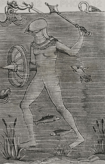 Man-at-arms: Diver using an armoured sealed diving suit to breathe, 1532, (1877).  Creator: Unknown.