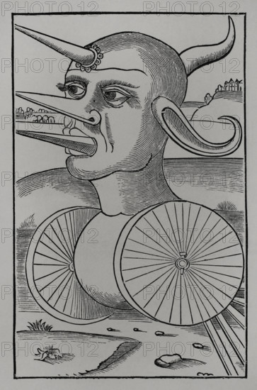 Wheeled war machine for breaking enemy ranks or crushing soldiers, 1532, (1877).  Creator: Unknown.