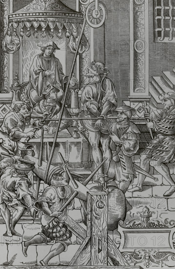 Medieval torture scene: The Estrapade, or Question Extraordinary, 1541, (1878).  Creator: Unknown.