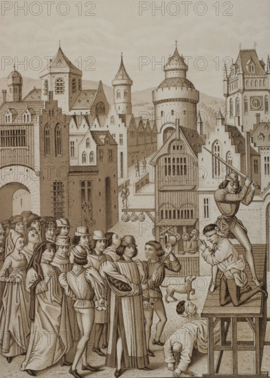 Decapitation of Guillaume de Pommiers and his confessor, John Coulon, Bordeaux, 1377..., 1878.  Creator: Unknown.