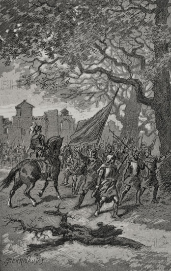 Departure of the Barcelonians to help those besieged in San Adrián de Besós, 15th century, (1890). Creator: Joan Serra y Pausas.