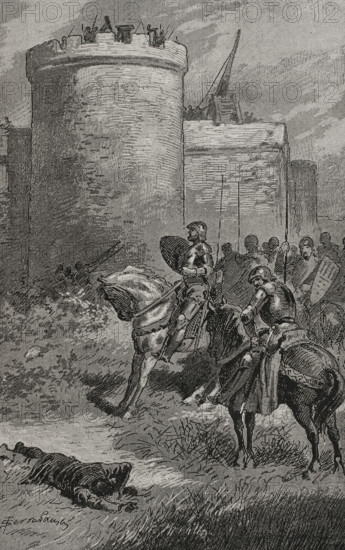 Attack of the castle of Gironella by the Count of Pallars, 15th century, (1890).  Creator: Joan Serra y Pausas.