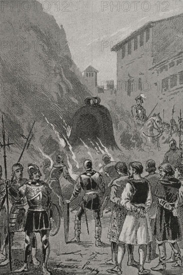 Insurgents forced to drink the molten liquid of the bells as a punishment, 1348, (1890).  Creator: Joan Serra y Pausas.