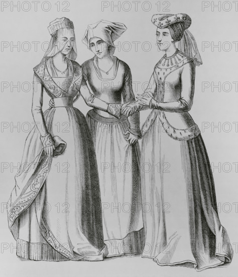A bourgeoise, a peasant and a noblewoman, 14th century, (1878).  Creator: Unknown.