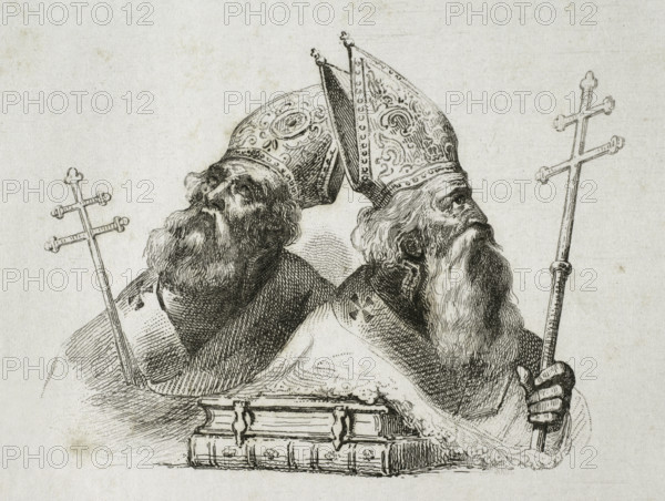 St Vrtanes patriarch and St Narses Claiensis, Armenian Apostolic Church, 1838.  Creators: Hippolyte Lalaisse, Langlois.