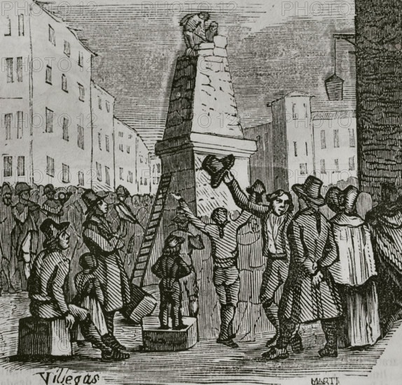 Demolition of the Pyramid of Roncesvalles after the occupation by French troops, War of..., 1851.  Creator: Unknown.