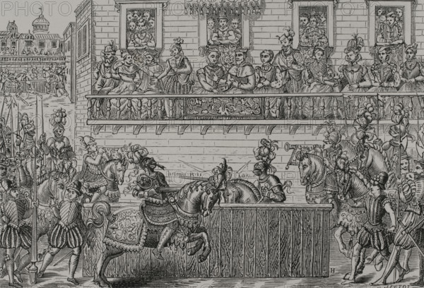 King Henry II of France, (1519-1559) mortally wounded by the Count of Montgomery,.. 1599, (1877). Creator: Unknown.