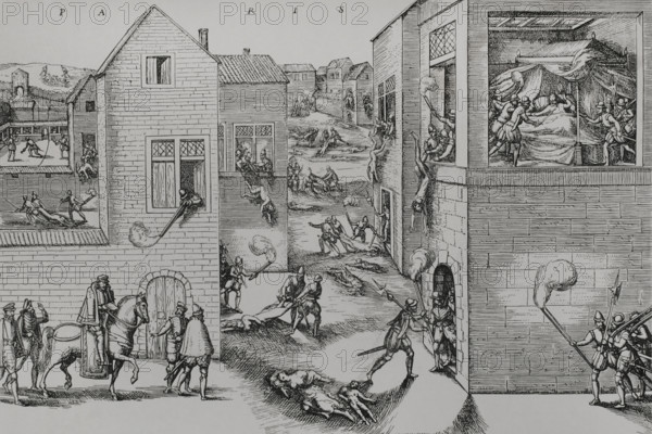 Assassination attempt of Gaspar de Coligny, (1519-1572) by means of an attack on 22 Aug 1572 (1877). Creator: Unknown.
