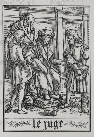 The Judge is visited by Death from "The Dance of Death", 1538, (1877). Creator: Unknown.