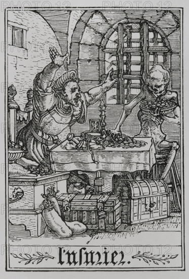 The Miser from "The Dance of Death", 1538, (1877). Creator: Unknown.