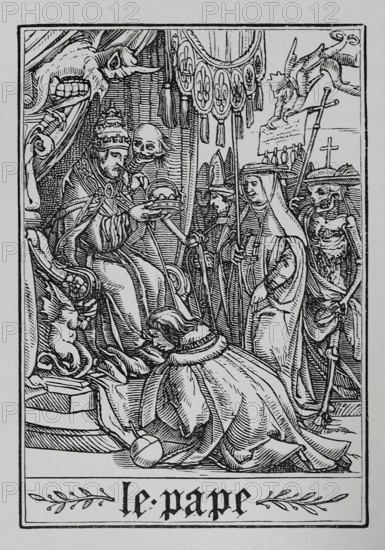 The Pope visited by Death from "The Dance of Death", 1538, (1877).  Creator: Unknown.