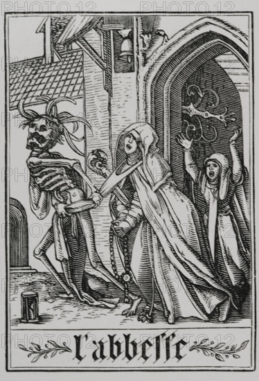 The Abbess visited by Death from "The Dance of Death", 1538, (1877). Creator: Unknown.
