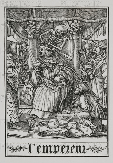 The Emperor visited by Death from "The Dance of Death", 1538, (1877).  Creator: Unknown.