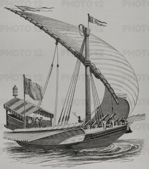 Pontifical galley equipped with large stays, sails, oars and heavy artillery, 1550 (1877.  Creator: Unknown.