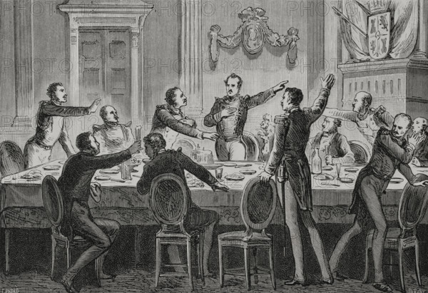 Baldomero Espartero holding a banquet with all his officers and Baron Nordenflicht..., 1879.  Creator: Unknown.