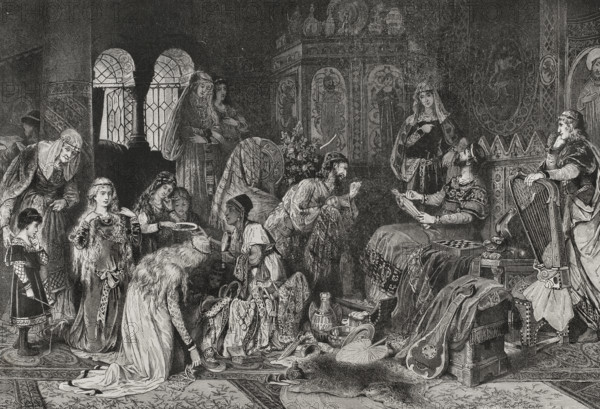 Jewish merchant showing his jewellery to the Prince of Thuringia at Wartburg Castle, 1878. Creator: Unknown.