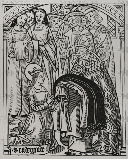 Radegund receiving the habit and being consecrated a deaconess by Medard (456-545)...1513 (1877). Creator: Unknown.