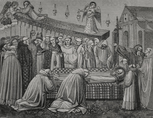 Funeral of Saint Benedict of Nursia, (480-547), Italian Christian monk, 547, (1388), 1877.  Creator: Jules Jean Marie Joseph Huyot.