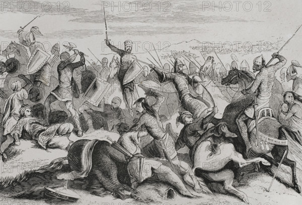 Don Ramiro de León defeats the Cordovan near Simancas, Battle of Simancas, 1st August, 939 (1853). Creator: Unknown.