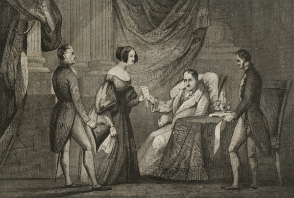 King Ferdinand VII, (1784-1833) hands over Doña María Cristina the Decree of 6 October 1832., 1842. Creator: Unknown.