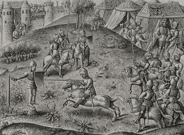 Exercise of quintain, mid 15th century, (1877). Creator: Unknown.