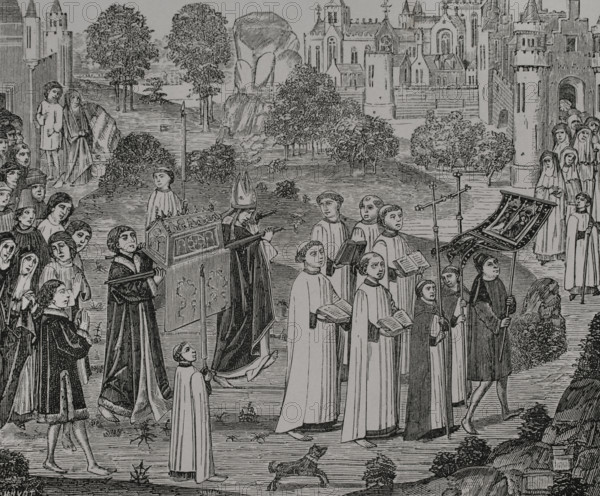 Count Renier bearing the body of Saint Veronica to Saint Waltrude Collegiate...1446-48 (1877).  Creator: Jules Jean Marie Joseph Huyot.