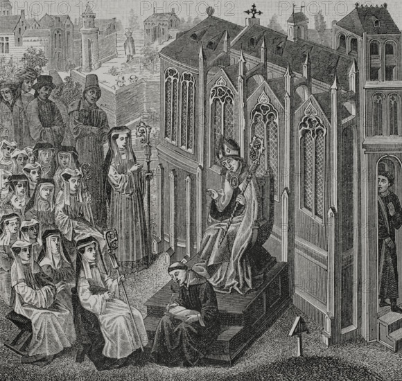 Canonesses gathered in Nivelles, where Walcaud, bishop of Liège, (810-832)...late 14th cent (1877).  Creator: Unknown.