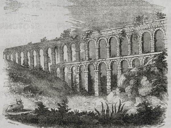 Aqueduct of Tarragona, also known as the Bridge of Ferreres or Pont del Diable, Catalonia, 1852. Creator: Cibera.
