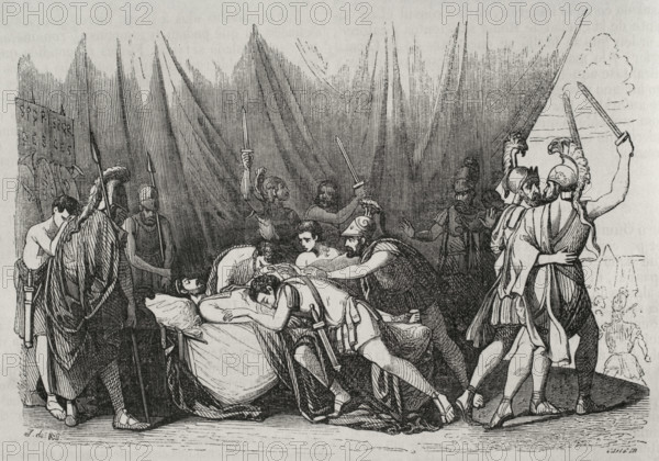 Death of Viriathus, leader of the Lusitanian people who fought against Roman..., 139BC (1852). Creator: José Vallejo.