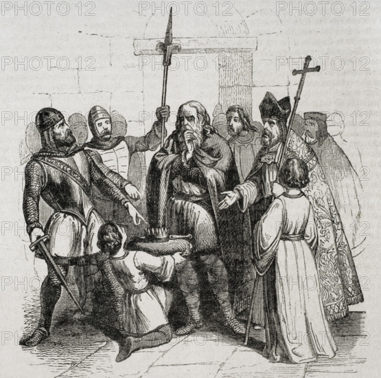 Coronation of King Wamba in Toledo, who was anointed by Bishop Quiricus on 20 September 672 (1852).  Creators: José Vallejo, Capuz.