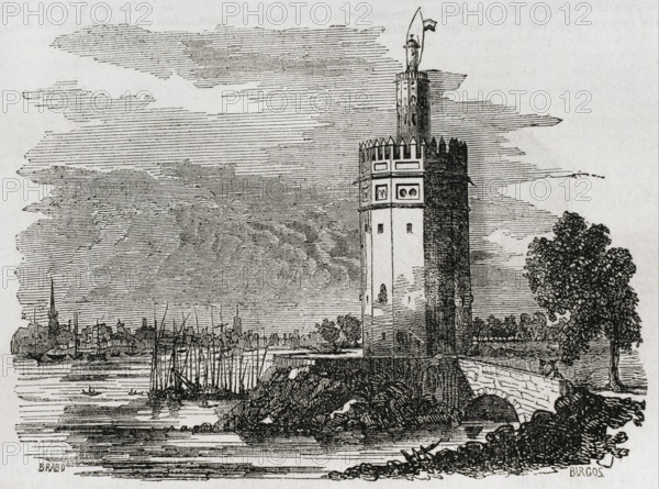 Torre del Oro (The Gold Tower), Seville, Andalusia, Spain, 1852. Creators: Brabo, Burgos.