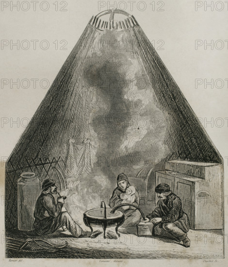 Inside view of a Kalmyk yurt, called gher, Russia, 1839.  Creator: Emile Louis Vernier.